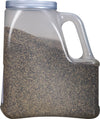A clear plastic container filled with black peppercorns.