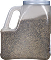 A plastic container filled with black peppercorns.
