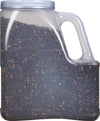 A clear plastic container filled with black peppercorns.
