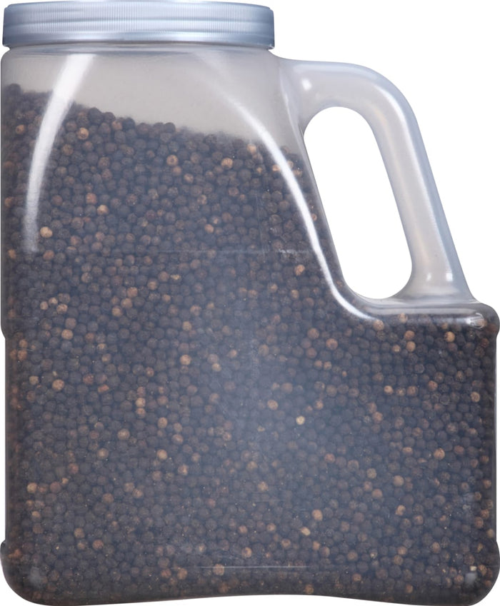 A clear plastic container filled with black peppercorns.