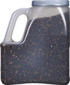 A clear plastic container filled with black peppercorns.