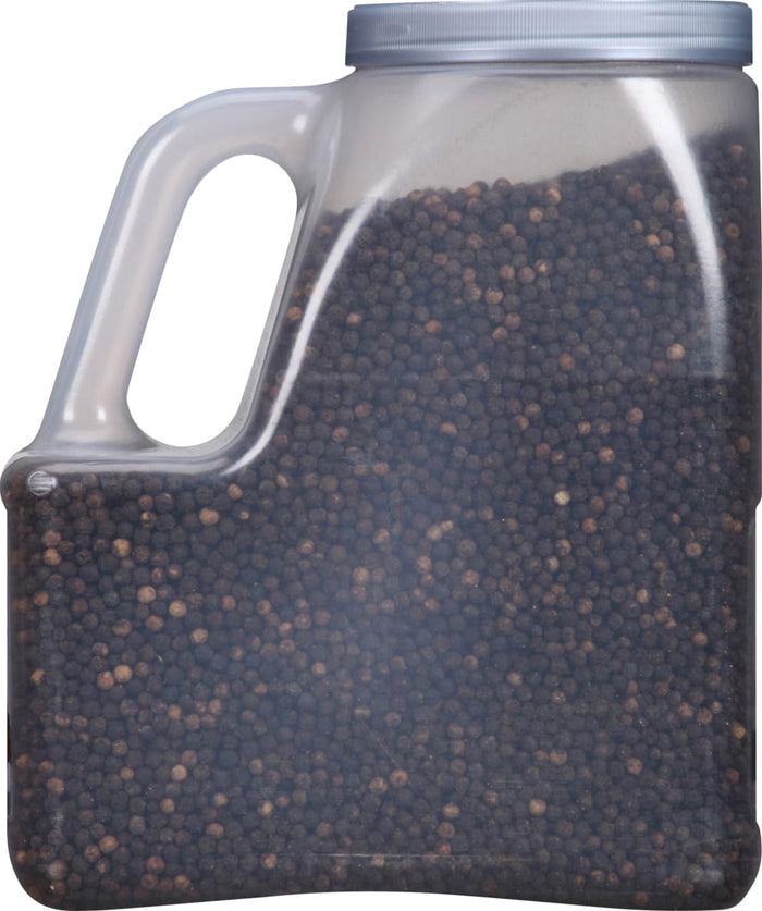 A clear plastic container filled with black peppercorns.