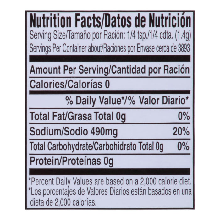 Nutrition facts label for a product with 0 calories 0g fat 490mg sodium 0g carbs and 0g protein.