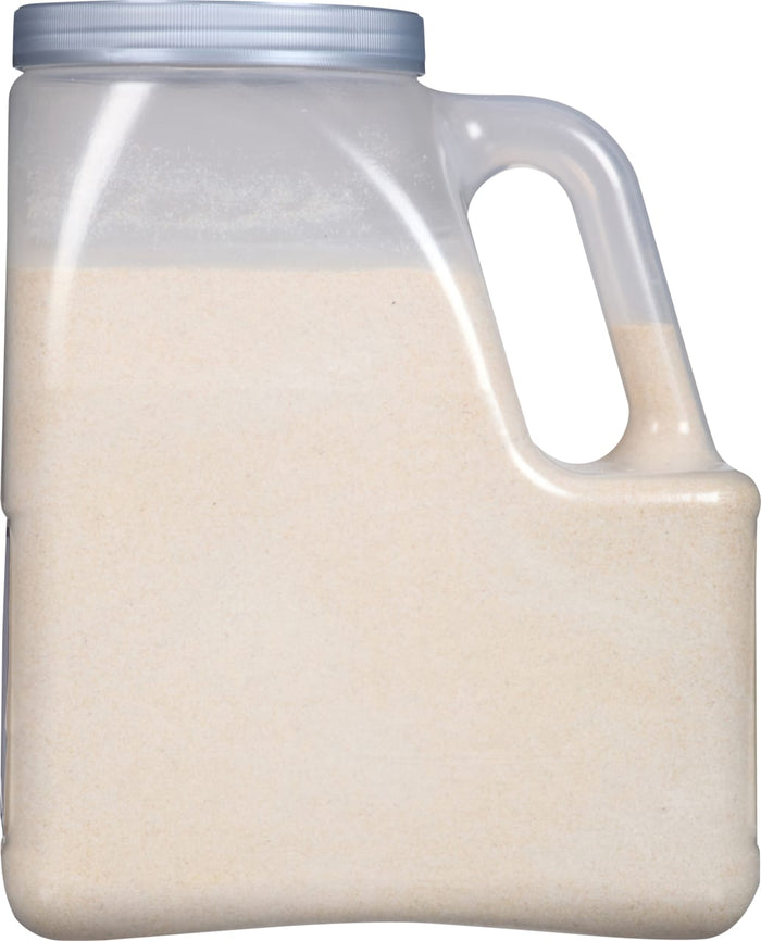 A clear plastic jug filled with a white powder.