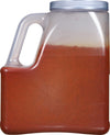 A clear plastic container filled with red chili powder.