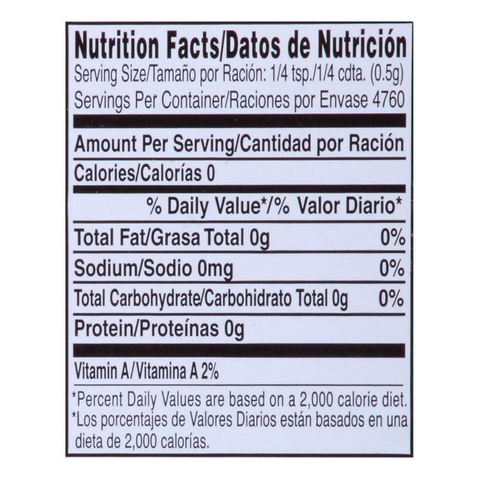 Nutrition facts label for a product with 0 calories 0 grams of fat 0 milligrams of sodium 0 grams of carbohydrates and 0 grams of protein.