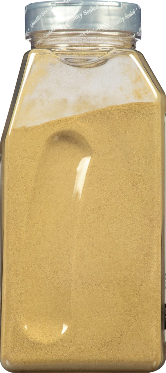 A glass jar filled with a light brown powder.
