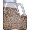 A clear plastic jar filled with a blend of herbs and spices.