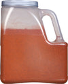 A clear plastic container filled with red chili powder.