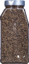 A clear plastic container filled with black peppercorns.