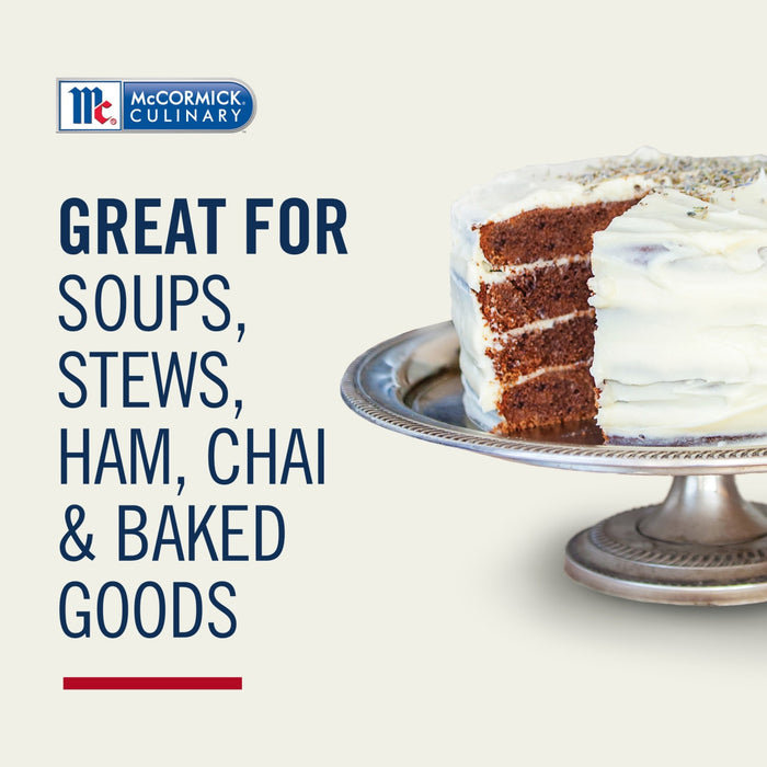McCormick Culinary ad showcasing a cake and promoting the product's versatility for soups, stews, ham, chai, and baked goods.