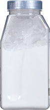 A clear plastic jar filled with white powder.