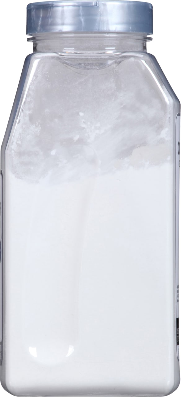 A clear plastic jar filled with white powder.