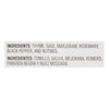 The ingredients for this product are thyme sage marjoram rosemary black pepper and nutmeg.
