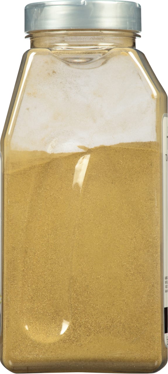 A clear plastic jar filled with a light brown powder.