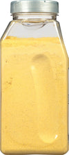 A clear plastic jar filled with yellow mustard powder.