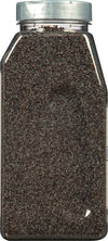 A plastic jar filled with poppy seeds.