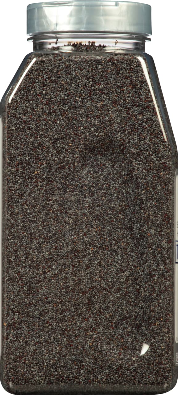 A plastic jar filled with poppy seeds.