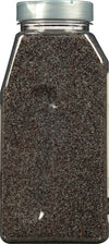A plastic container filled with poppy seeds.