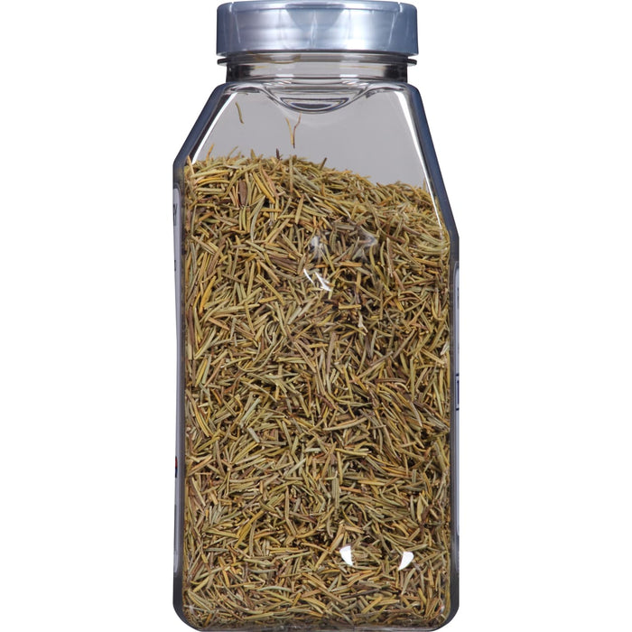 A glass jar filled with dried rosemary.
