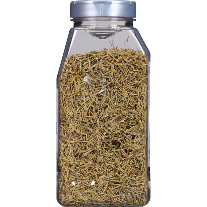 A glass jar filled with dried rosemary.