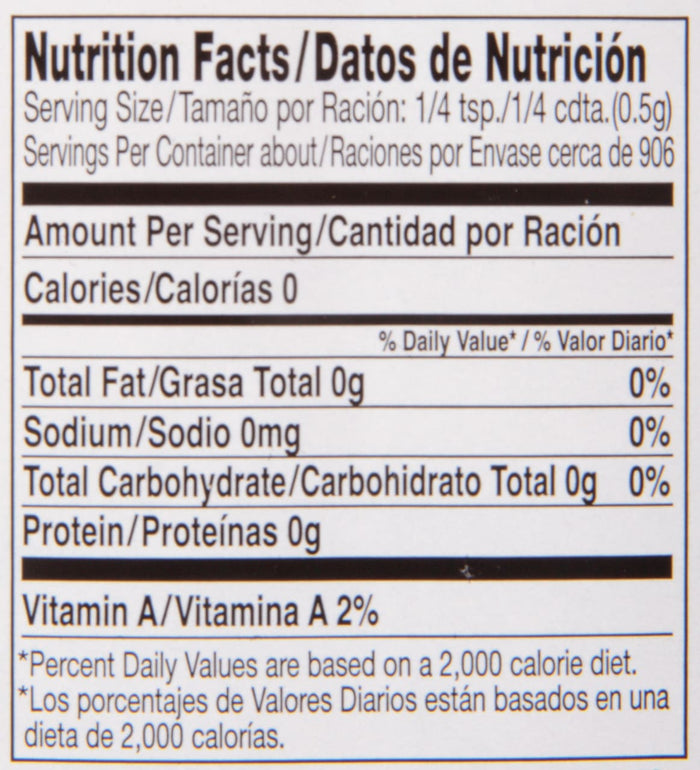 Nutrition facts label for a product with 0 calories 0 grams of fat 0 milligrams of sodium 0 grams of carbohydrates and 0 grams of protein.