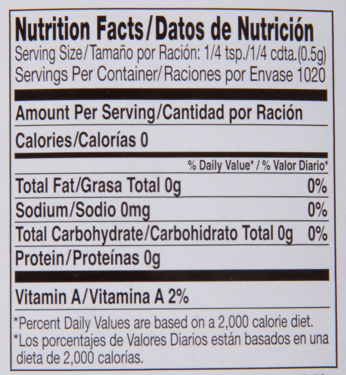 Nutrition facts label for a product with 0 calories 0 grams of fat 0 milligrams of sodium 0 grams of carbohydrates and 0 grams of protein.