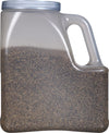 A clear plastic container with a handle filled with black peppercorns.