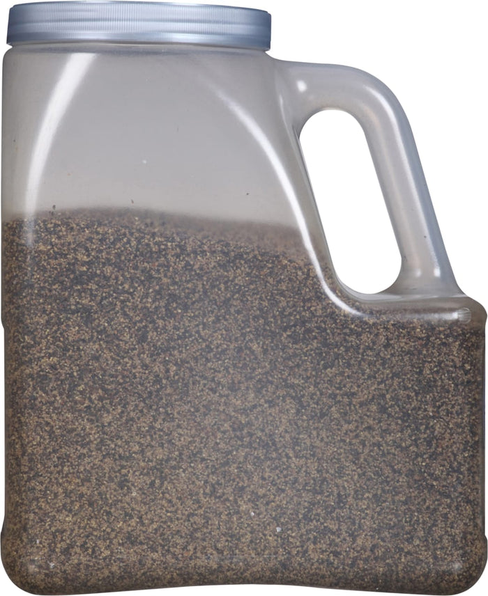 A clear plastic container with a handle filled with black peppercorns.