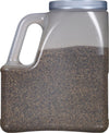 A clear plastic container filled with black peppercorns.