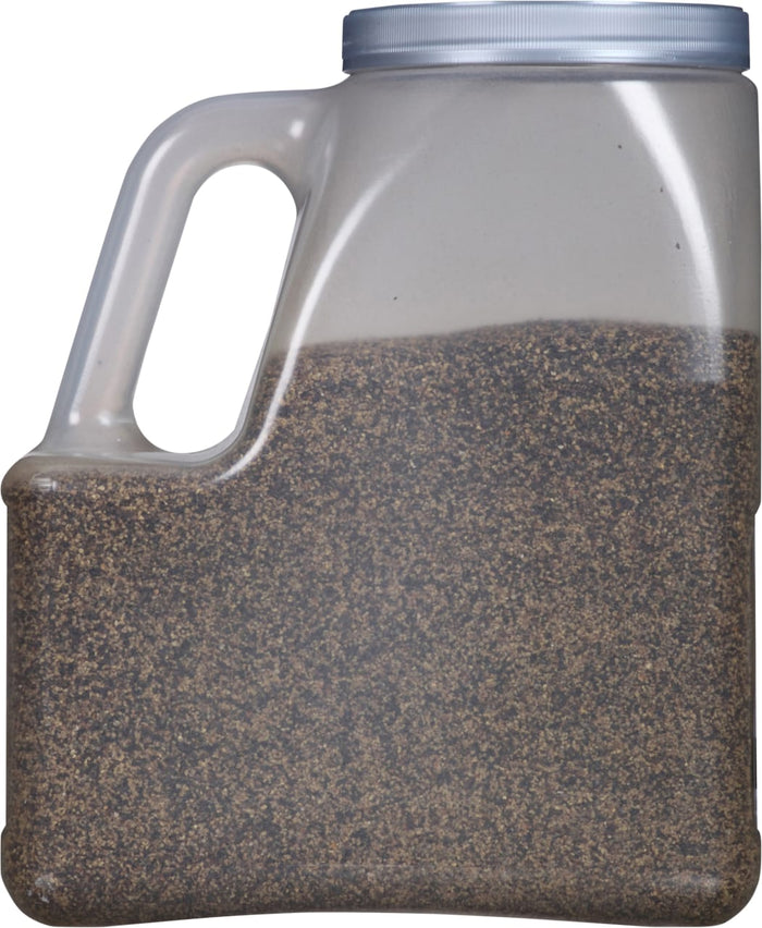 A clear plastic container filled with black peppercorns.