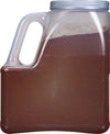 A plastic container filled with red chili powder.