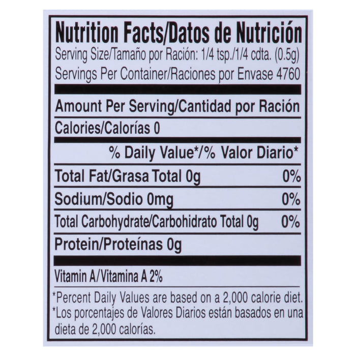 Nutrition facts label for a product with 0 calories and 0 grams of fat sodium carbohydrates and protein.