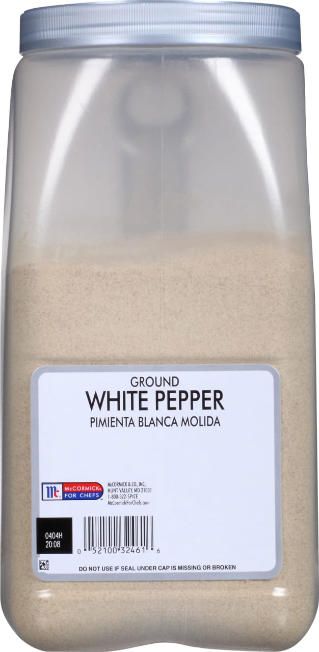 A container of McCormick for Chefs Ground White Pepper.