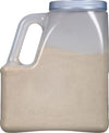 A clear plastic container filled with a beige powder.