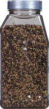 A clear plastic jar filled with black peppercorns.