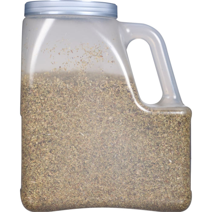 A clear plastic jar with a handle filled with dried herbs.
