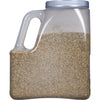 A clear plastic jar filled with dried oregano.