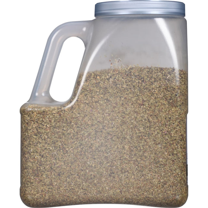 A clear plastic jar filled with dried oregano.