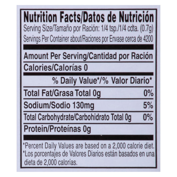 Nutrition facts label for a product with 0 calories 0g fat 130mg sodium 0g carbs and 0g protein.