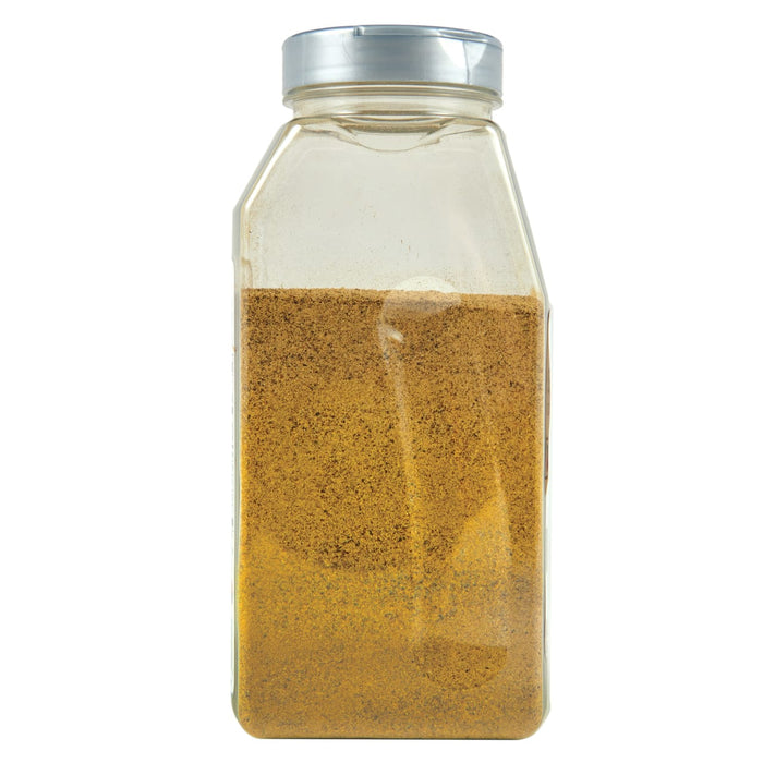 A glass jar with a silver lid filled with a brown spice.