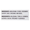 The ingredients for this product are marjoram thyme rosemary savory sage oregano and basil.