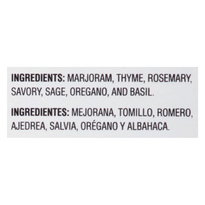 The ingredients for this product are marjoram thyme rosemary savory sage oregano and basil.