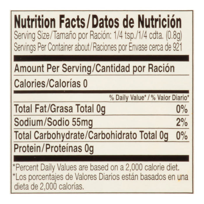 Nutrition facts label for a product with 0 calories 0g fat 55mg sodium 0g carbohydrates and 0g protein.