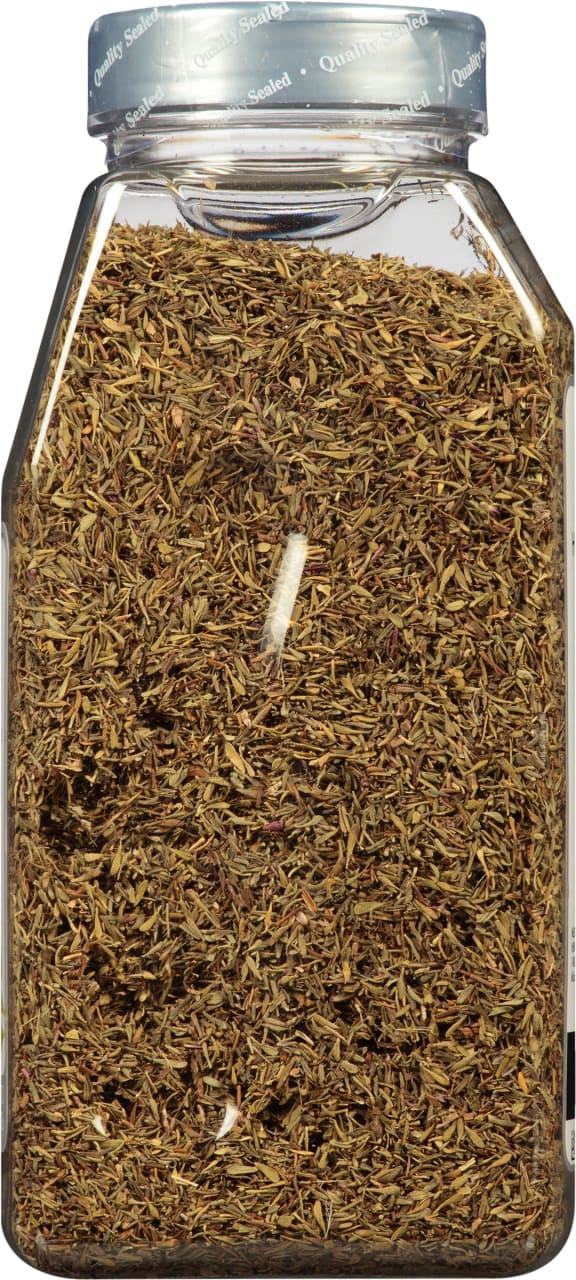 A clear jar filled with dried thyme.