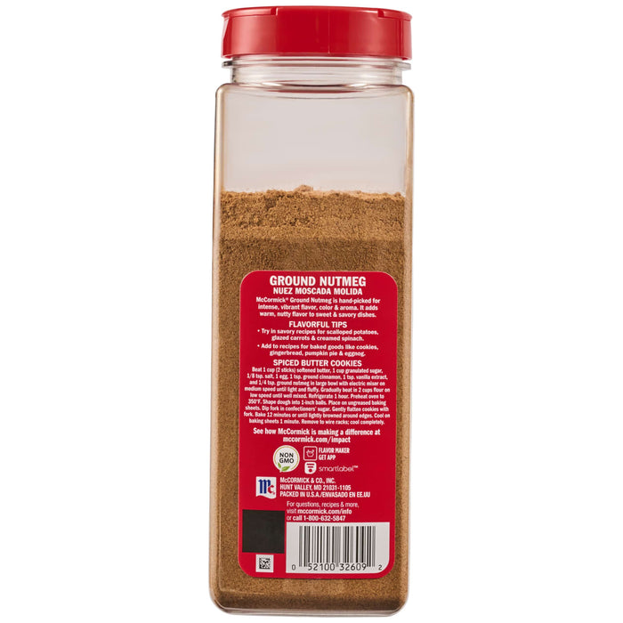 A container of McCormick Ground Nutmeg a spice used to add warm nutty flavor to sweet and savory dishes.