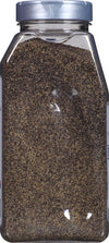 A clear plastic container filled with black peppercorns.