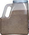 A plastic container filled with black peppercorns.