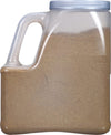 A clear plastic container filled with brown ground spices.