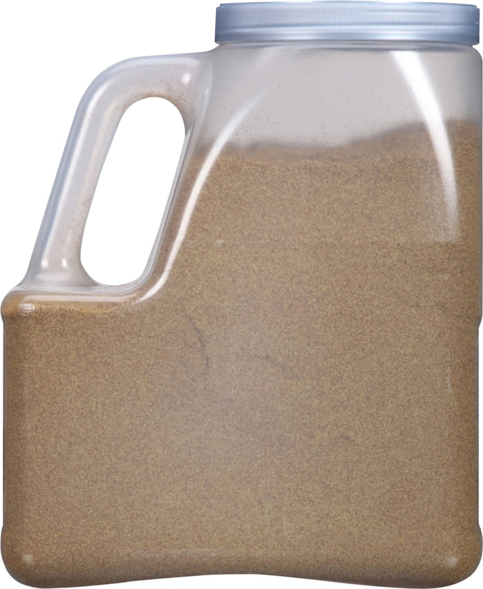 A clear plastic container filled with brown ground spices.